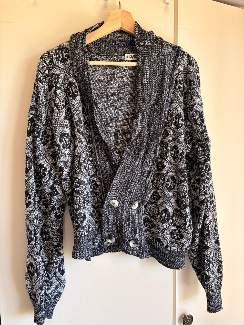 Gray Patterned Shawl Collar Button-Front Women's Sweater vintage